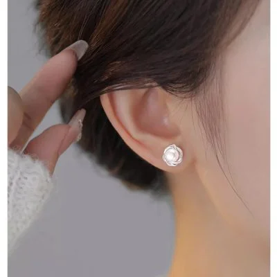 Silver Rose Flower and Pearl Stud Earrings for women