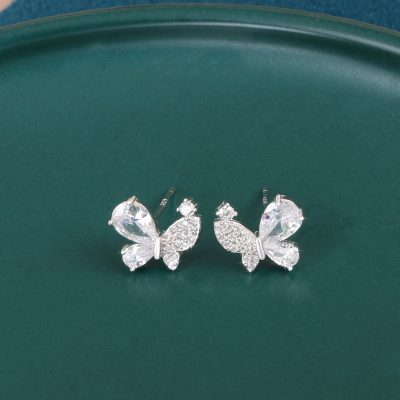 Silver Diamond Butterfly Stud Earrings