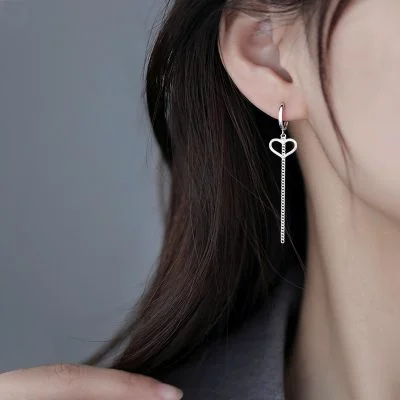 Heart Tassel Silver Drop Earrings