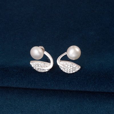 Sterling Silver Leaf and Pearl Stud Earrings