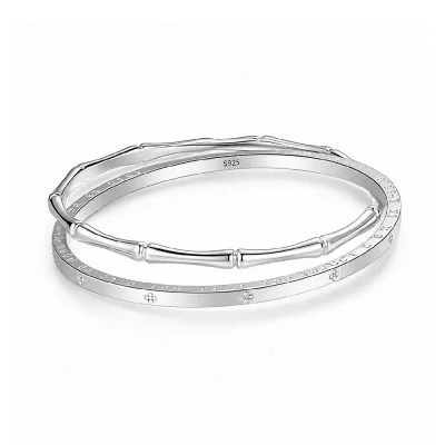 Four Leaf Clover and Bamboo Sterling Silver Double Bangle Bracelet for Women