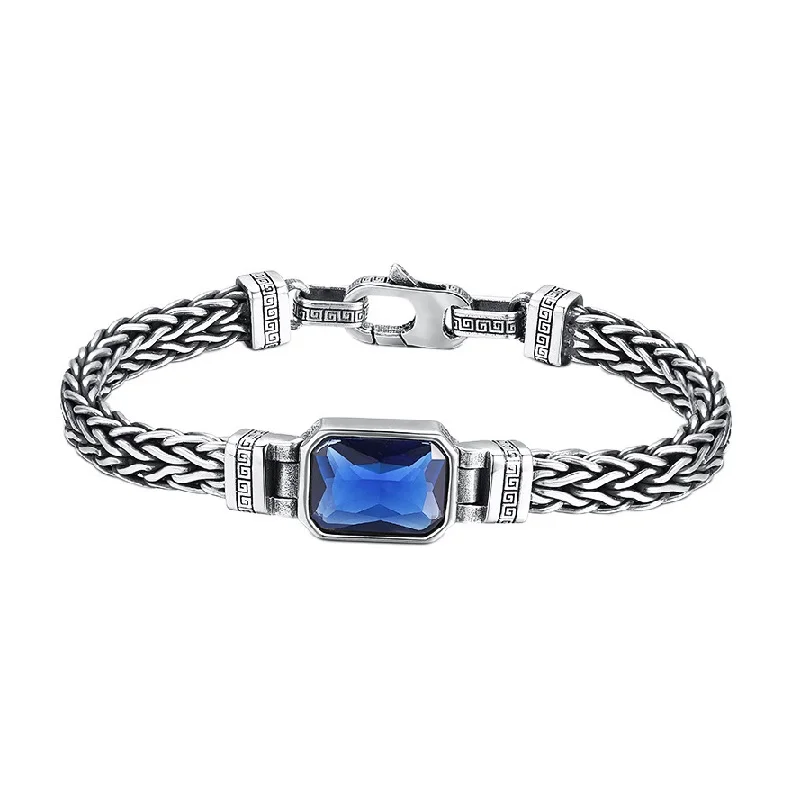 Men's Vintage Thai Silver Bracelet with Blue Zircon Stone