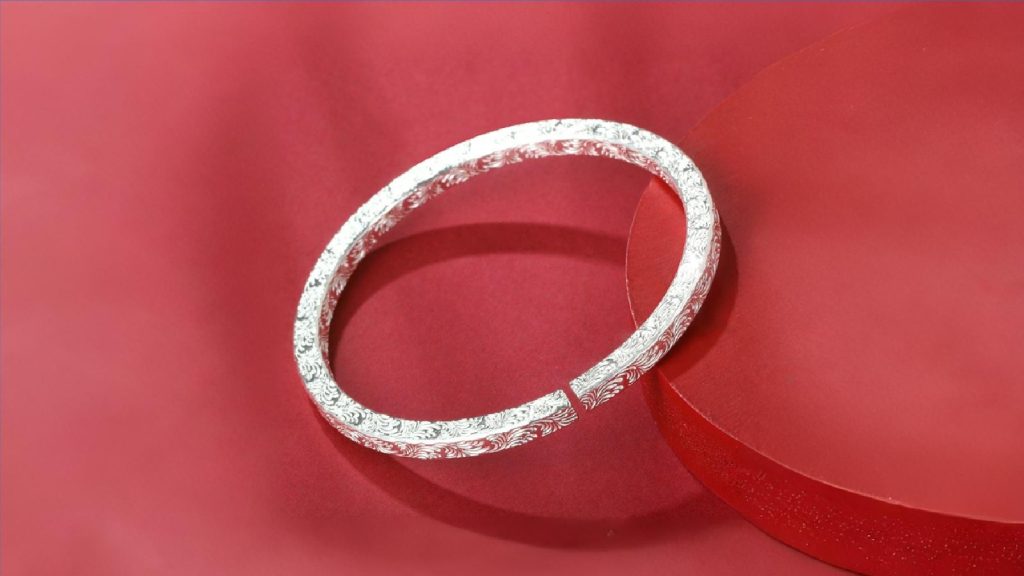 999 Sterling Silver Grass Pattern Bangle Bracelet cukari