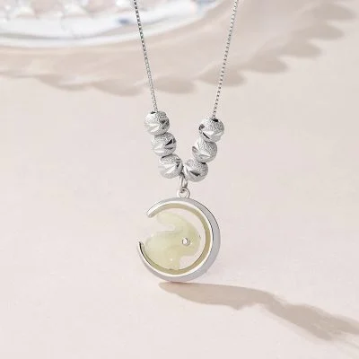 "Lunar Grace" White Hetian Jade Rabbit in S925 Sterling Silver Crescent Moon Pendant Necklace for Women