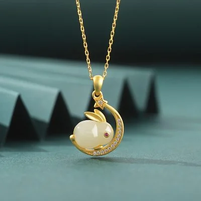 "Lunar Grace" White Hetian Jade Rabbit and Moon Silver Necklace for Women