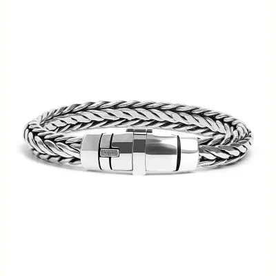 Hand-braided 10.5mm 925 Sterling Silver bracelet for men with a polished industrial box clasp.