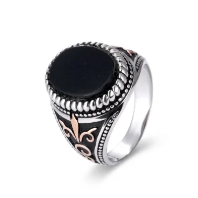 925 sterling silver Ottoman black agate ring for men