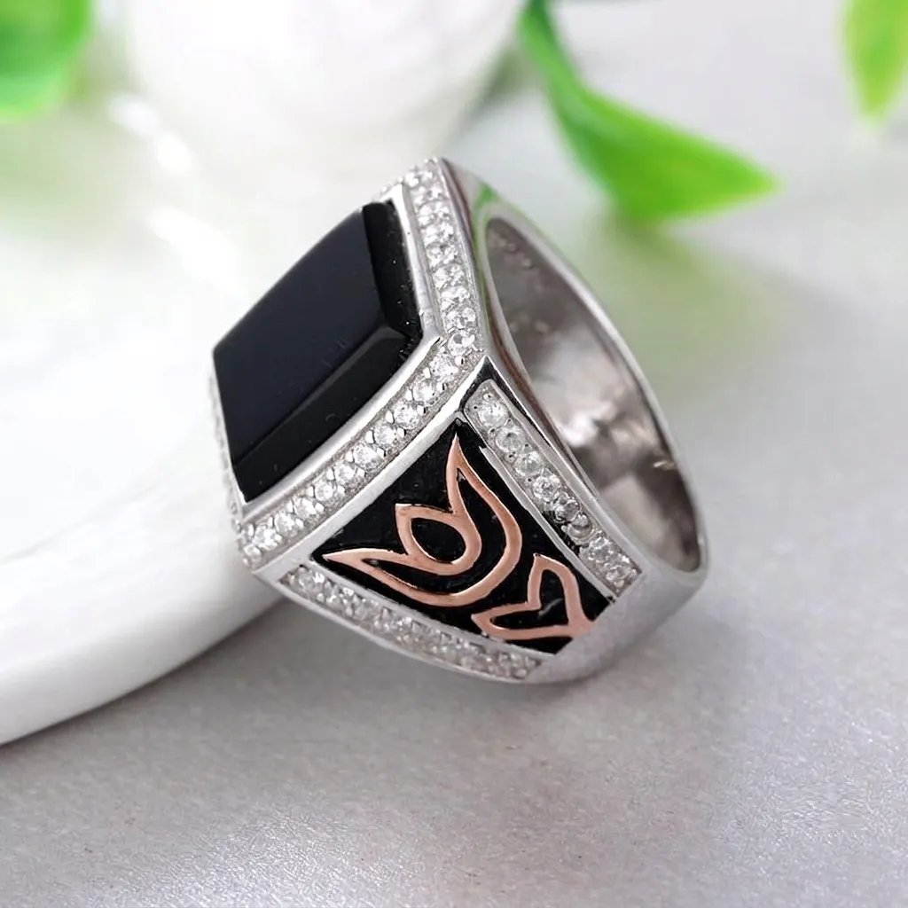 Handmade sterling silver square black agate ring