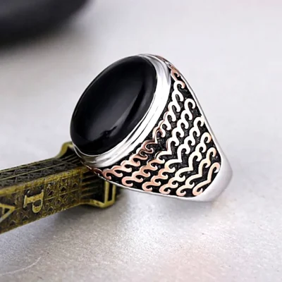Handmade sterling silver men's black agate ring