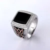 Men's square black stone signet ring