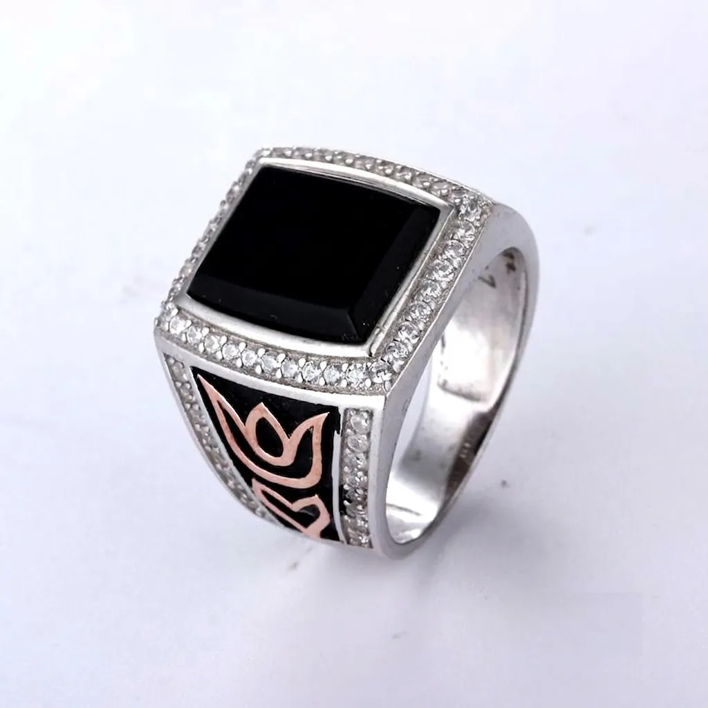 Men's square black stone signet ring