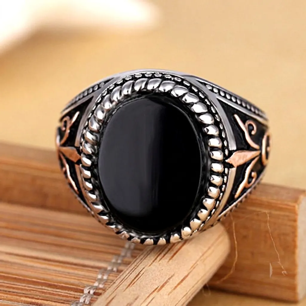 Rope edge black agate sterling silver ring