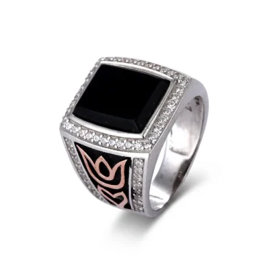 Square black agate signet ring for men in 925 sterling silver