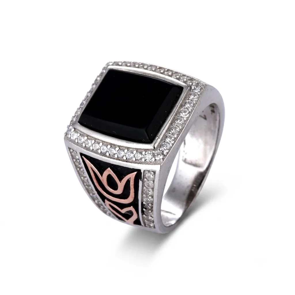 Square black agate signet ring for men in 925 sterling silver