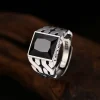 925 sterling silver square black zircon signet ring men