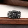 Adjustable handmade silver ring with black agate