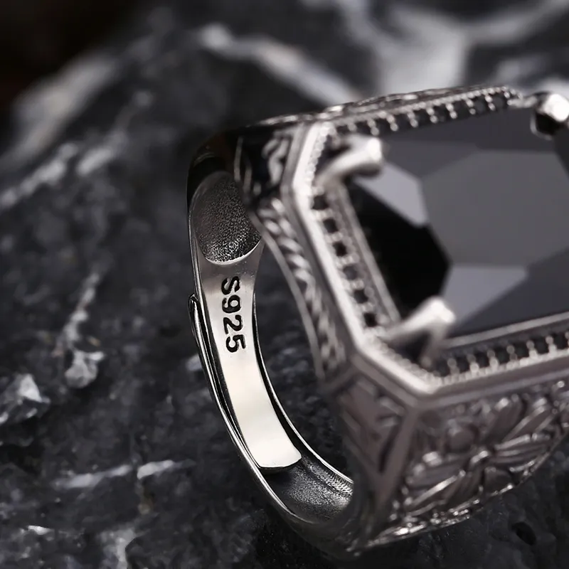 Adjustable sterling silver black zircon ring