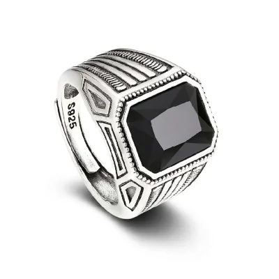Art Deco black stone signet ring for men in sterling silver