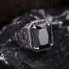 Emerald cut black zircon sterling silver ring
