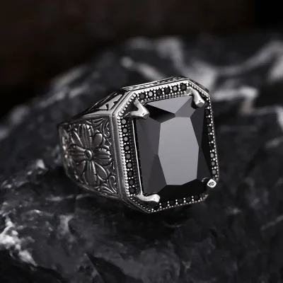 Emerald cut black zircon sterling silver ring