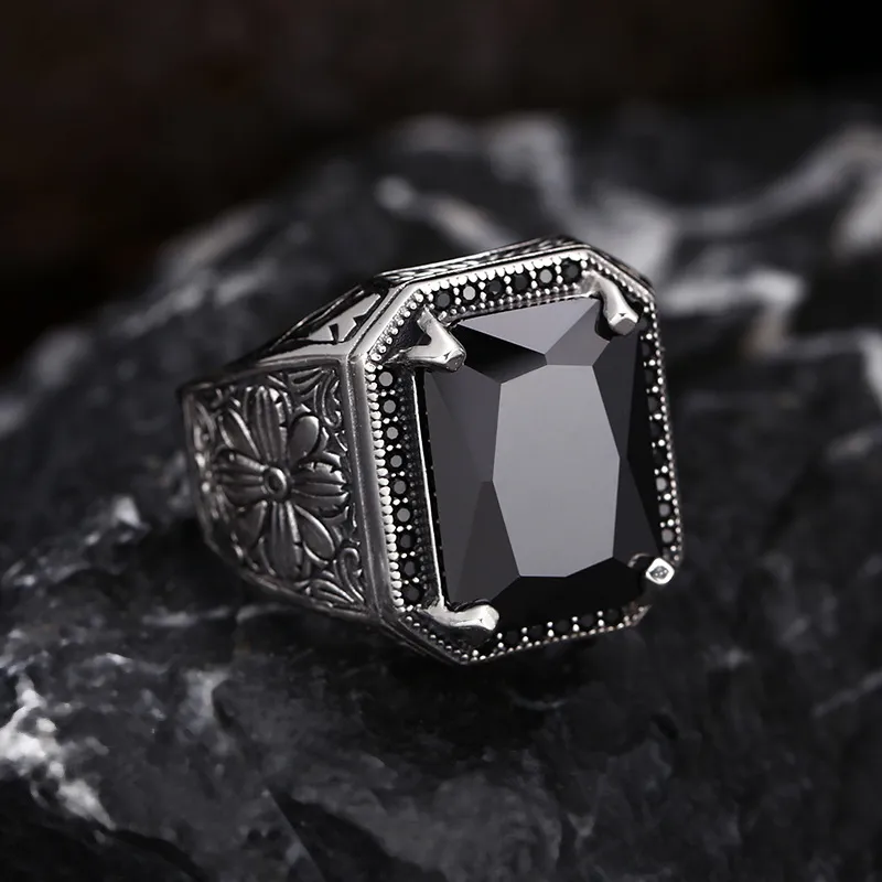 Emerald cut black zircon sterling silver ring