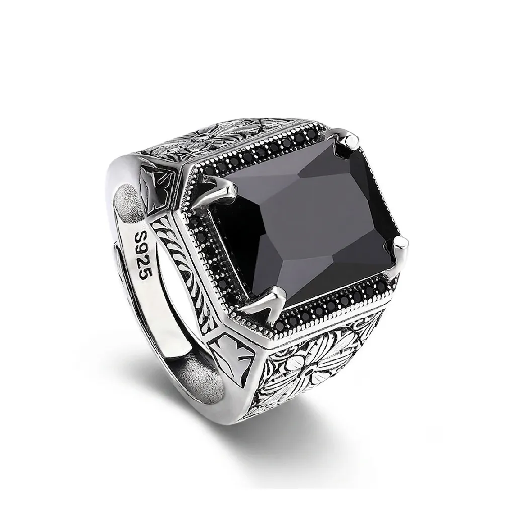 Large black zircon statement ring for men in 925 sterling silver