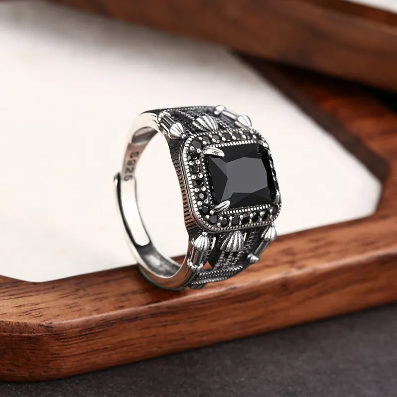 Rectangular black agate sterling silver ring