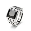 Square black zircon signet ring for men in 925 sterling silver