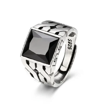 Square black zircon signet ring for men in 925 sterling silver