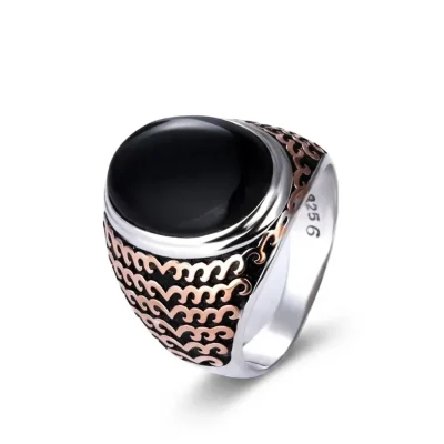 Anillo de sello para hombre de plata de ley 925 con ágata negra