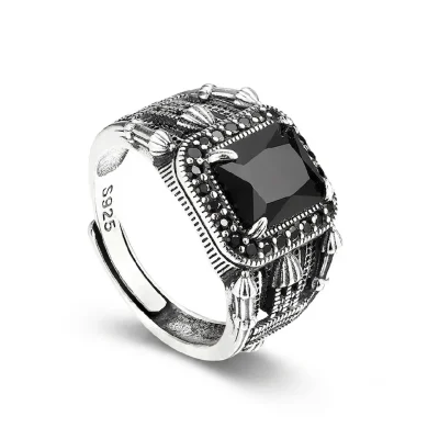 Anillo de sello vintage con ágata negra para hombre en plata de ley 925