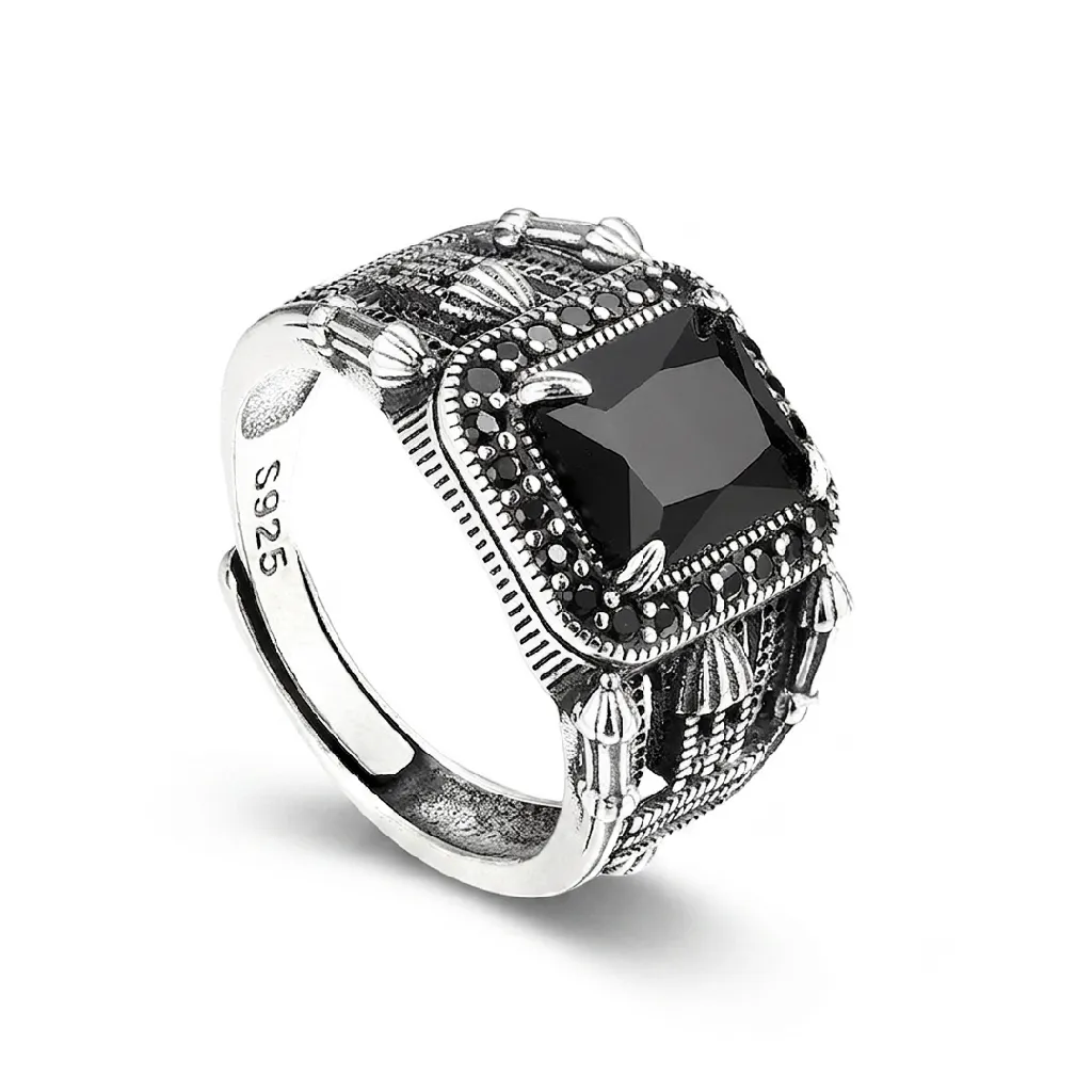 Vintage black agate signet ring for men in 925 sterling silver