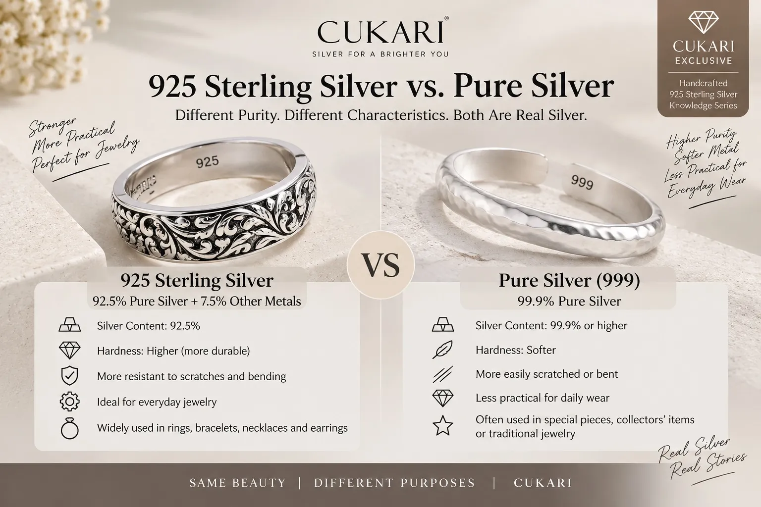 925 sterling silver vs pure silver showing 92.5% and 99.9% silver content