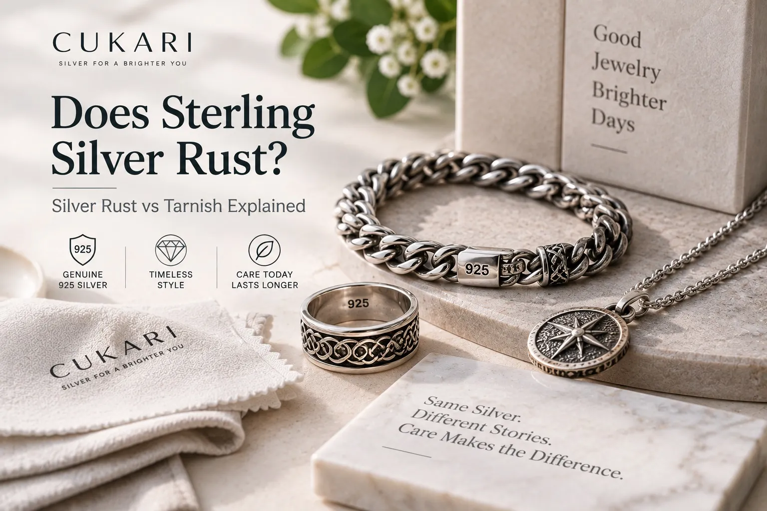 Sterling silver jewelry showing tarnish and a 925 hallmark