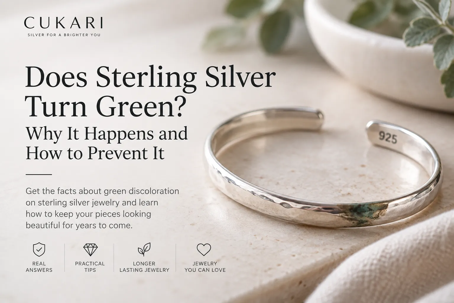 Sterling silver jewelry showing green discoloration and a 925 hallmark