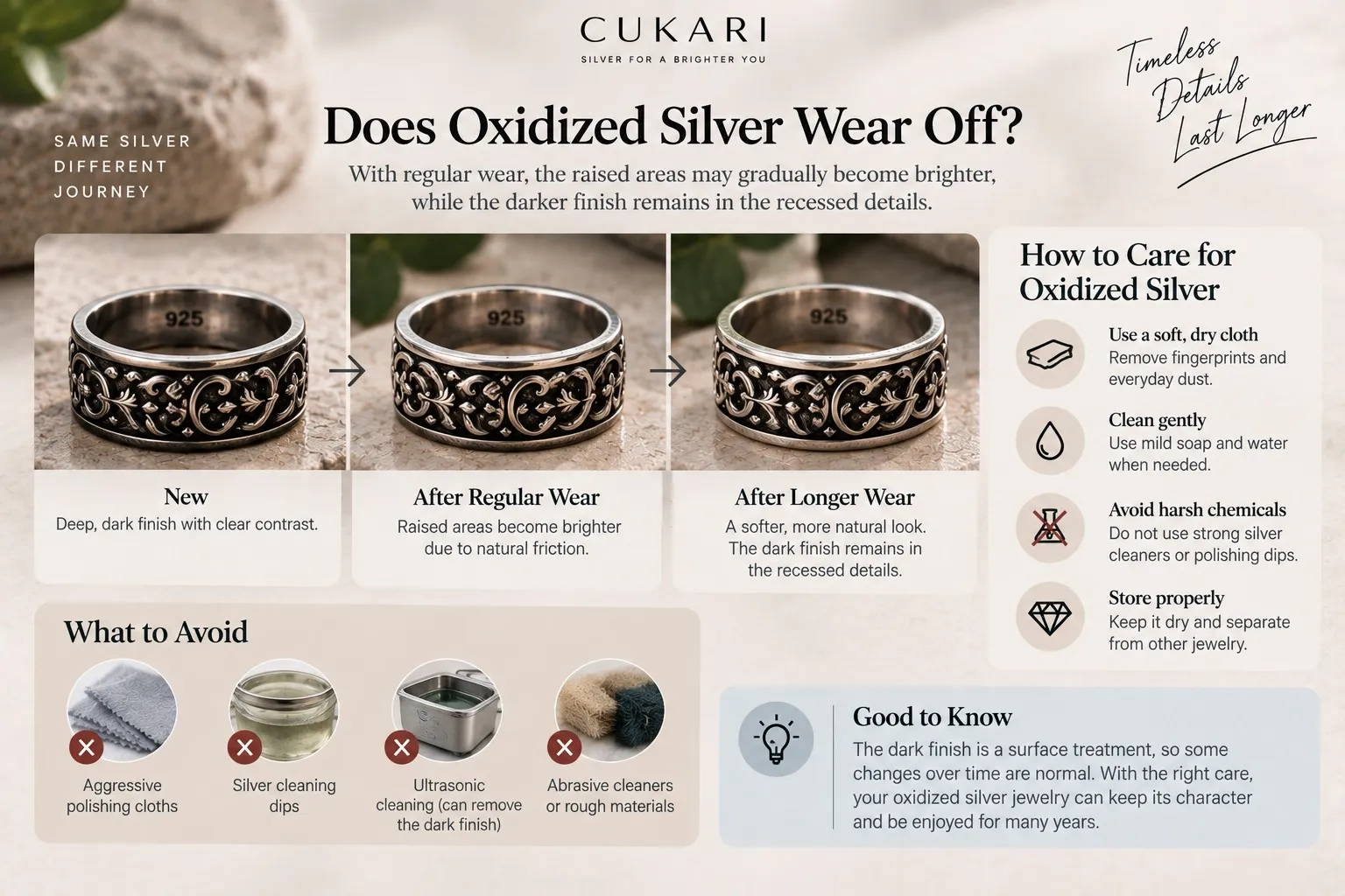 How to care for oxidized silver jewelry without removing the dark patina