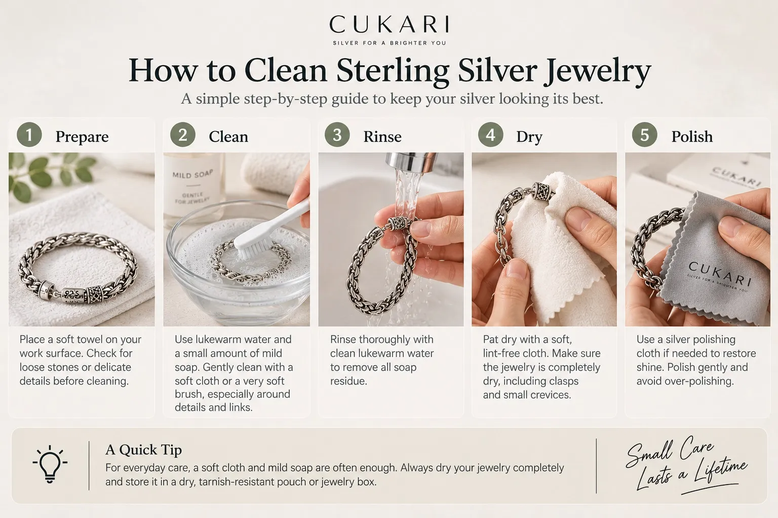 Step-by-step guide to cleaning sterling silver jewelry with mild soap and a soft cloth