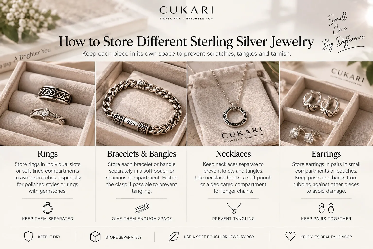 How to store sterling silver rings bracelets necklaces and earrings separately