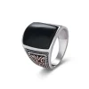 Main product shot of a men's 925 sterling silver square black agate signet ring with vintage engraved sides on a clean white background.