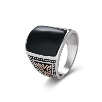 Main product shot of a men's 925 sterling silver square black agate signet ring with vintage engraved sides on a clean white background.