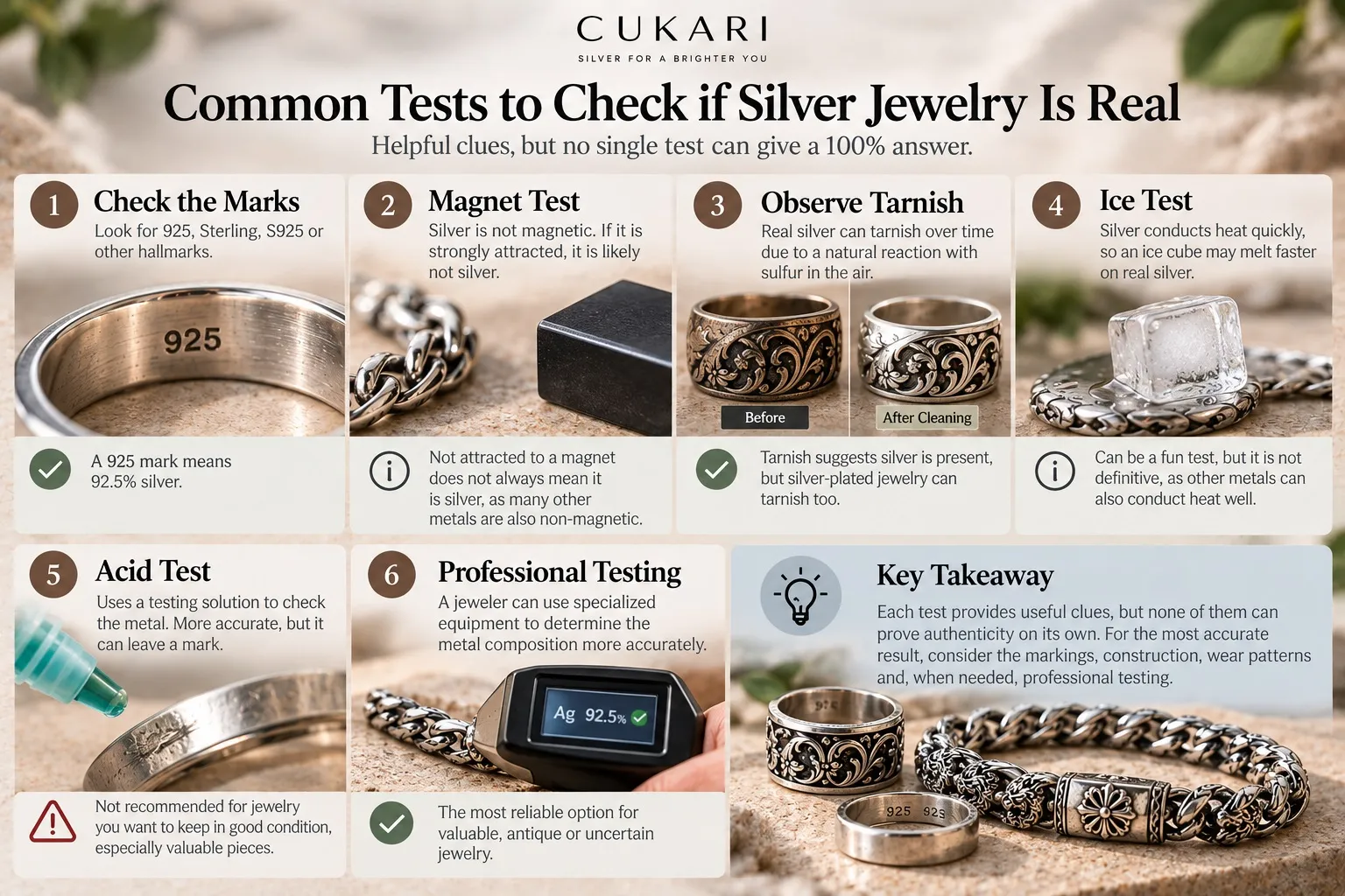 Silver jewelry authenticity tests including hallmark magnet inspection and professional metal testing