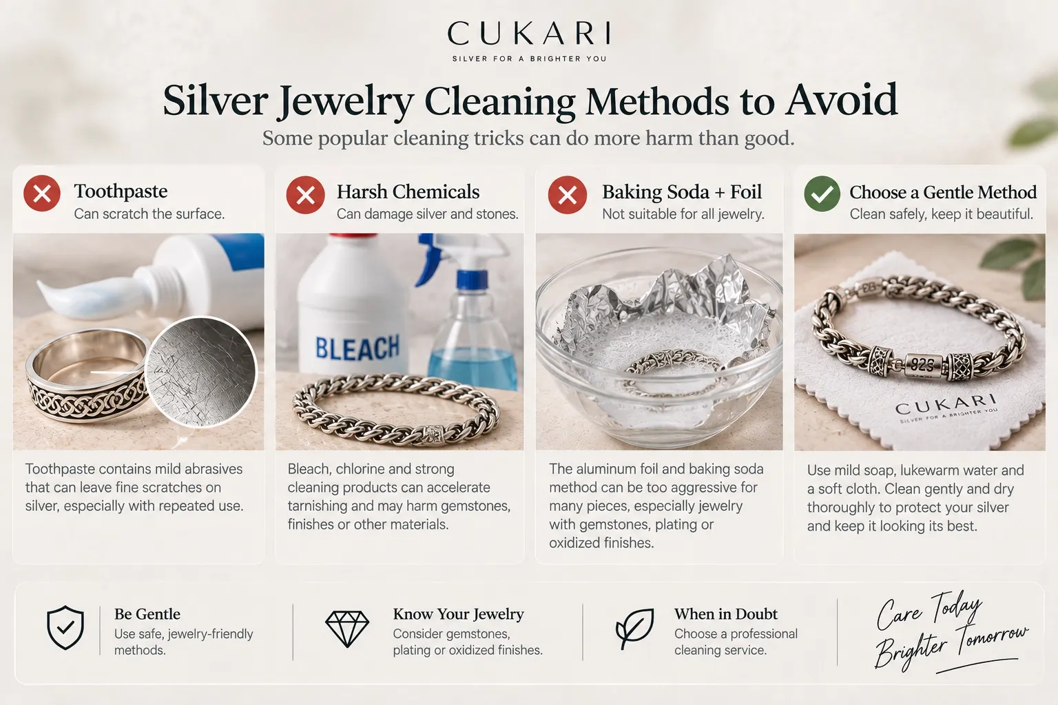 Silver jewelry cleaning methods to avoid including toothpaste harsh chemicals and aggressive polishing
