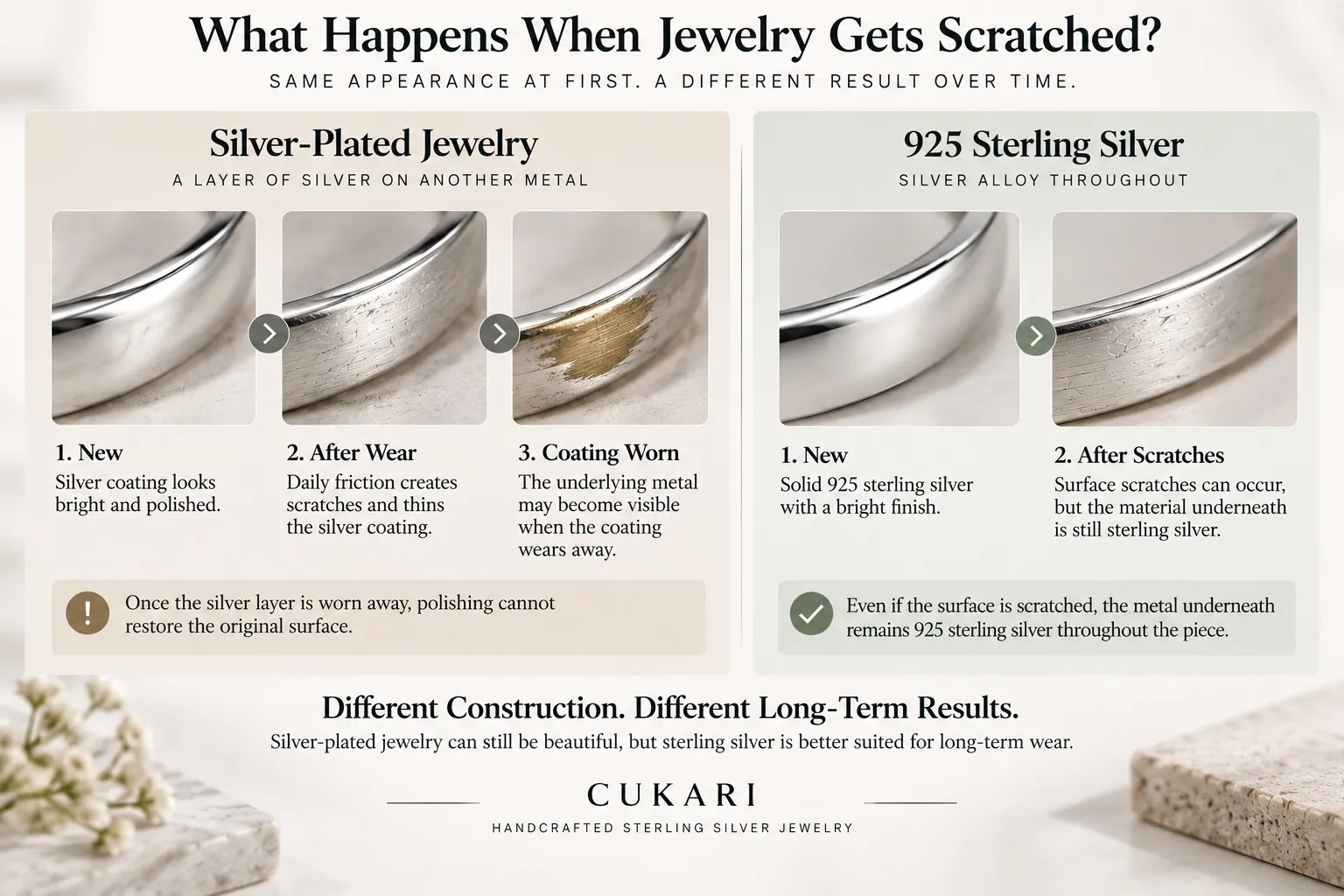Silver-plated jewelry showing surface wear compared with sterling silver beneath a scratch