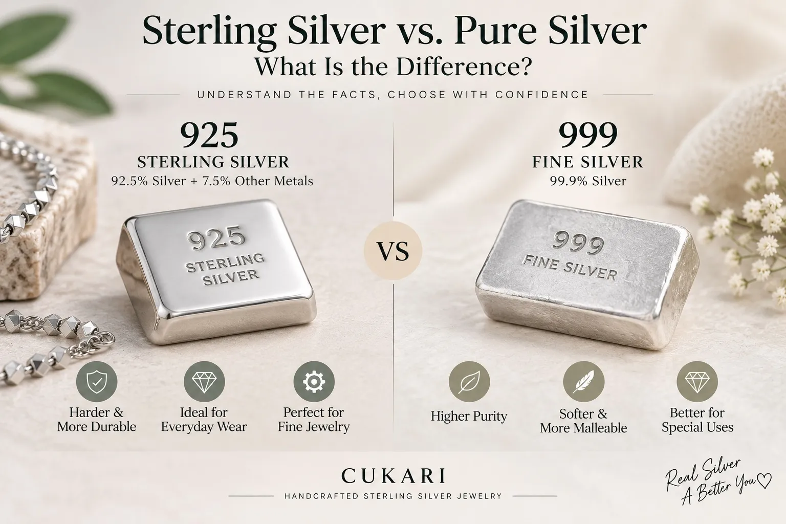 925 sterling silver vs 999 fine silver showing purity and durability differences