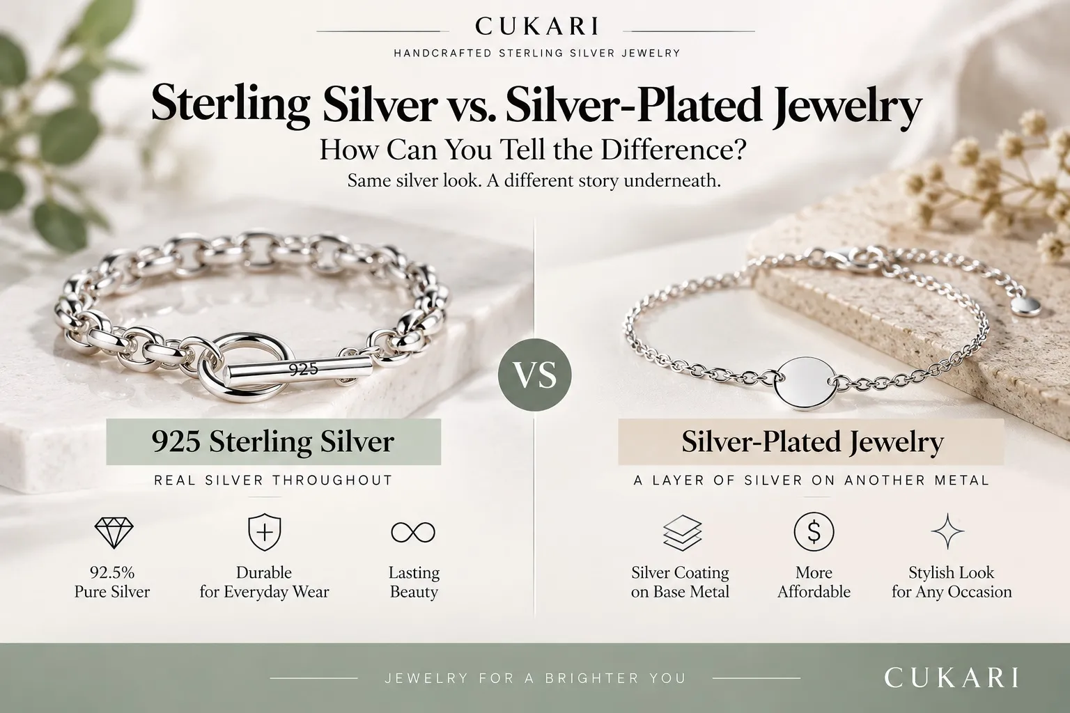 Sterling silver vs silver-plated jewelry showing the difference in material construction