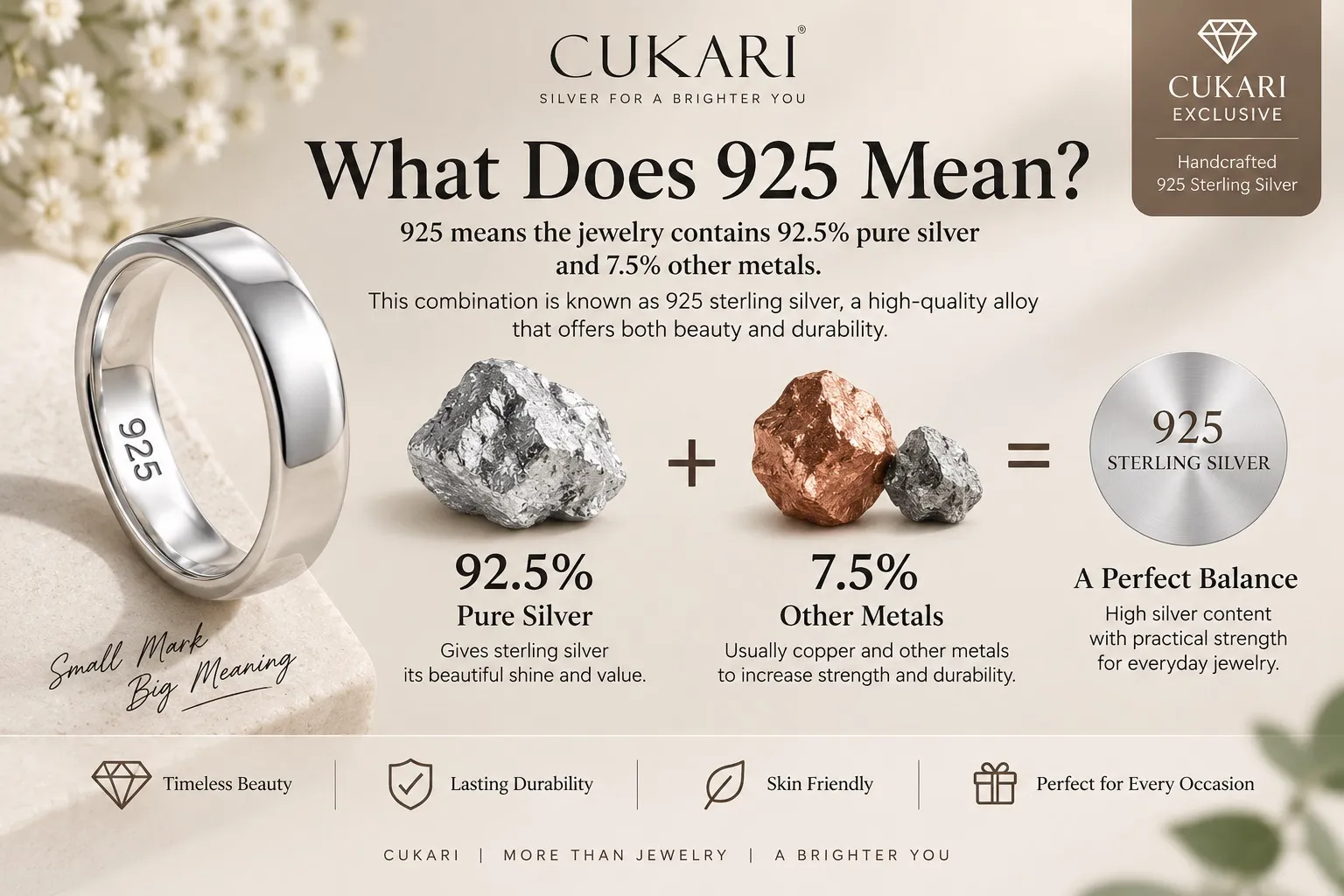 925 sterling silver contains 92.5% pure silver and 7.5% other metals