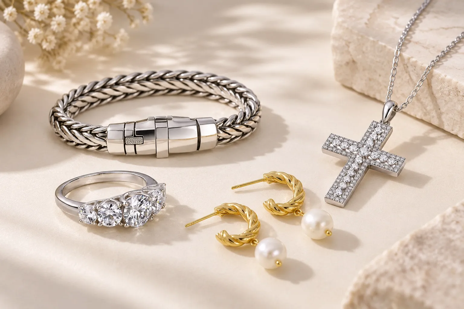 925 sterling silver jewelry including a ring, bracelet, necklace and earrings