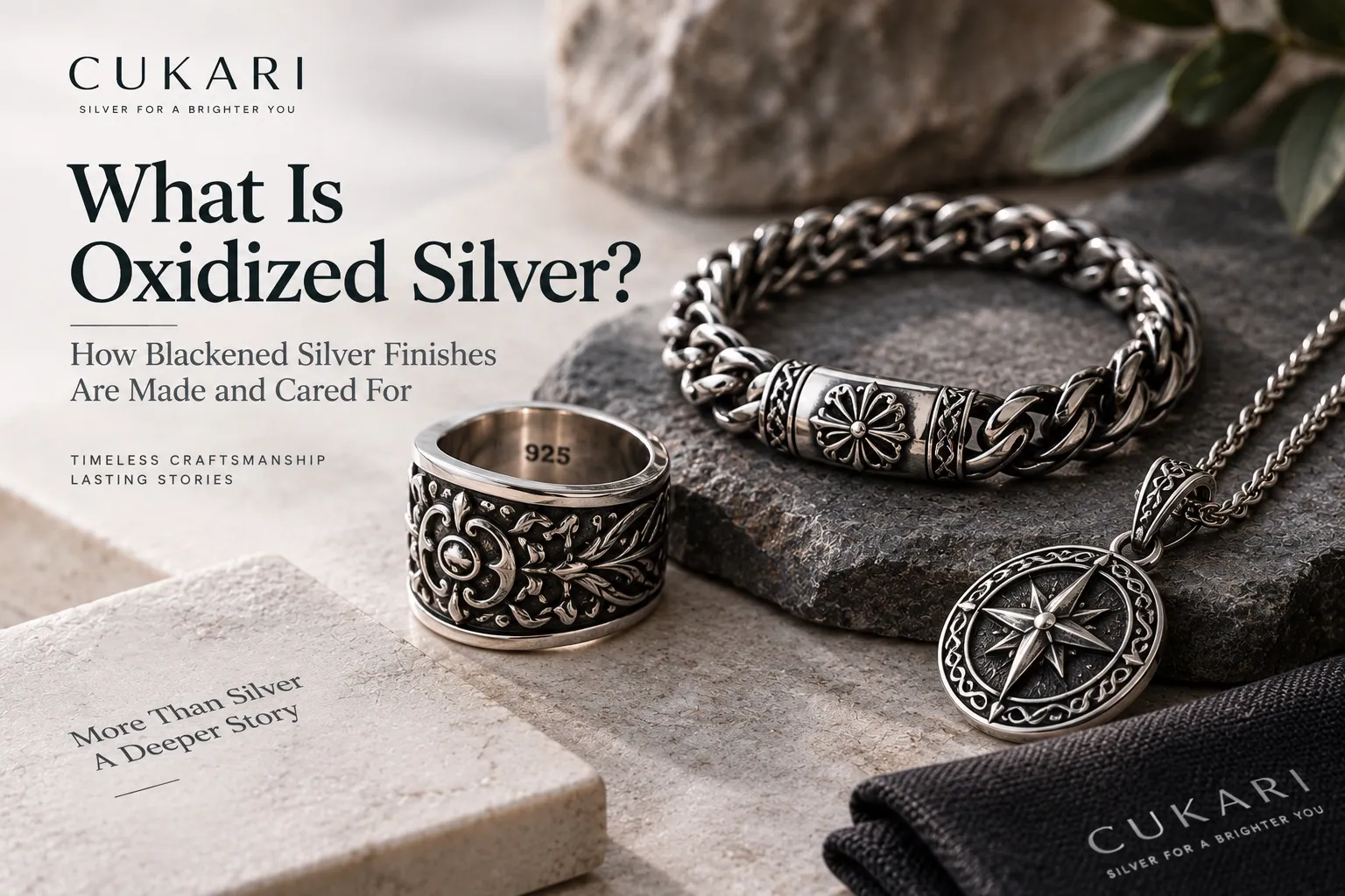 Oxidized sterling silver jewelry with a dark patina and polished silver highlights