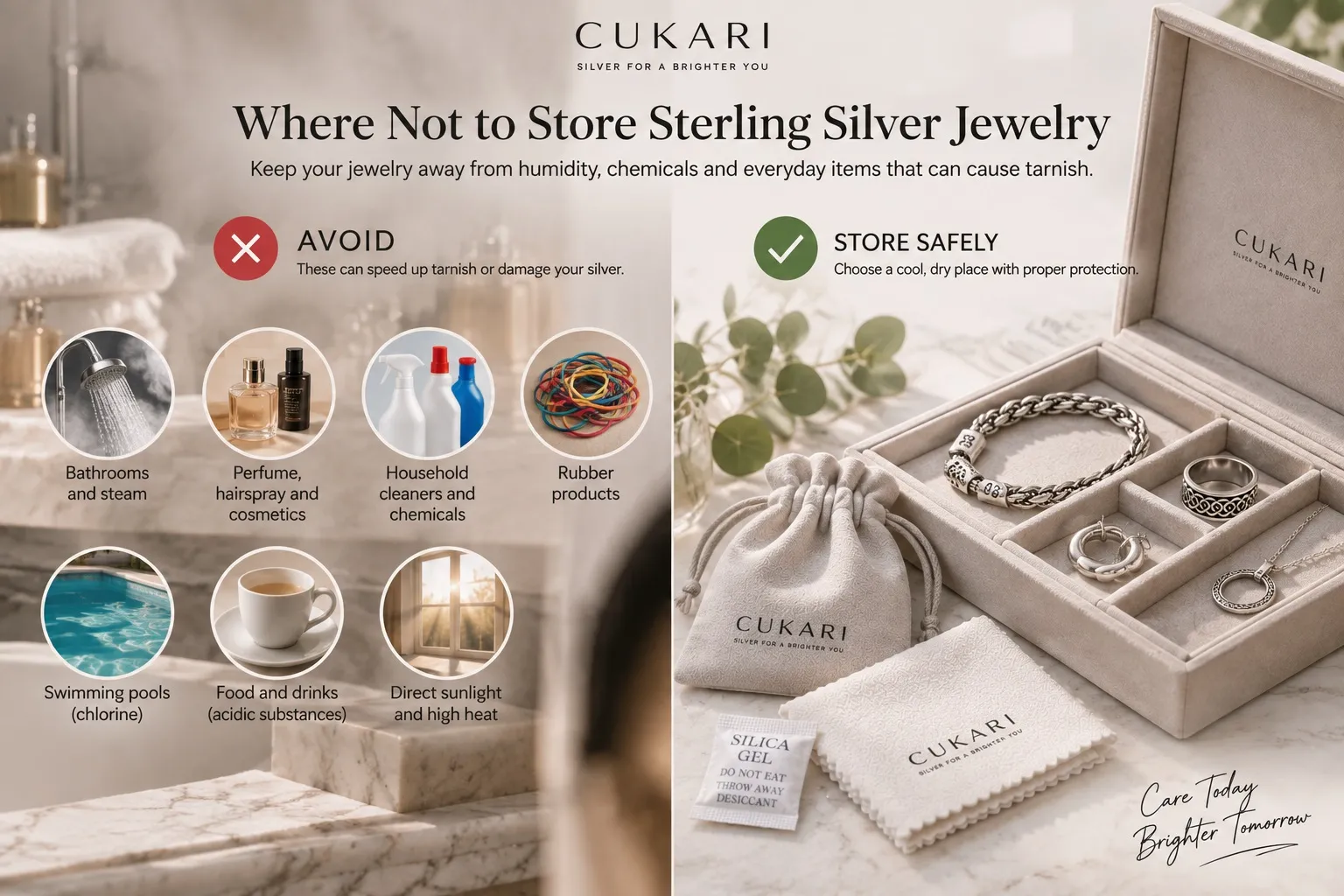 Places and materials to avoid when storing sterling silver jewelry including humidity perfume and rubber