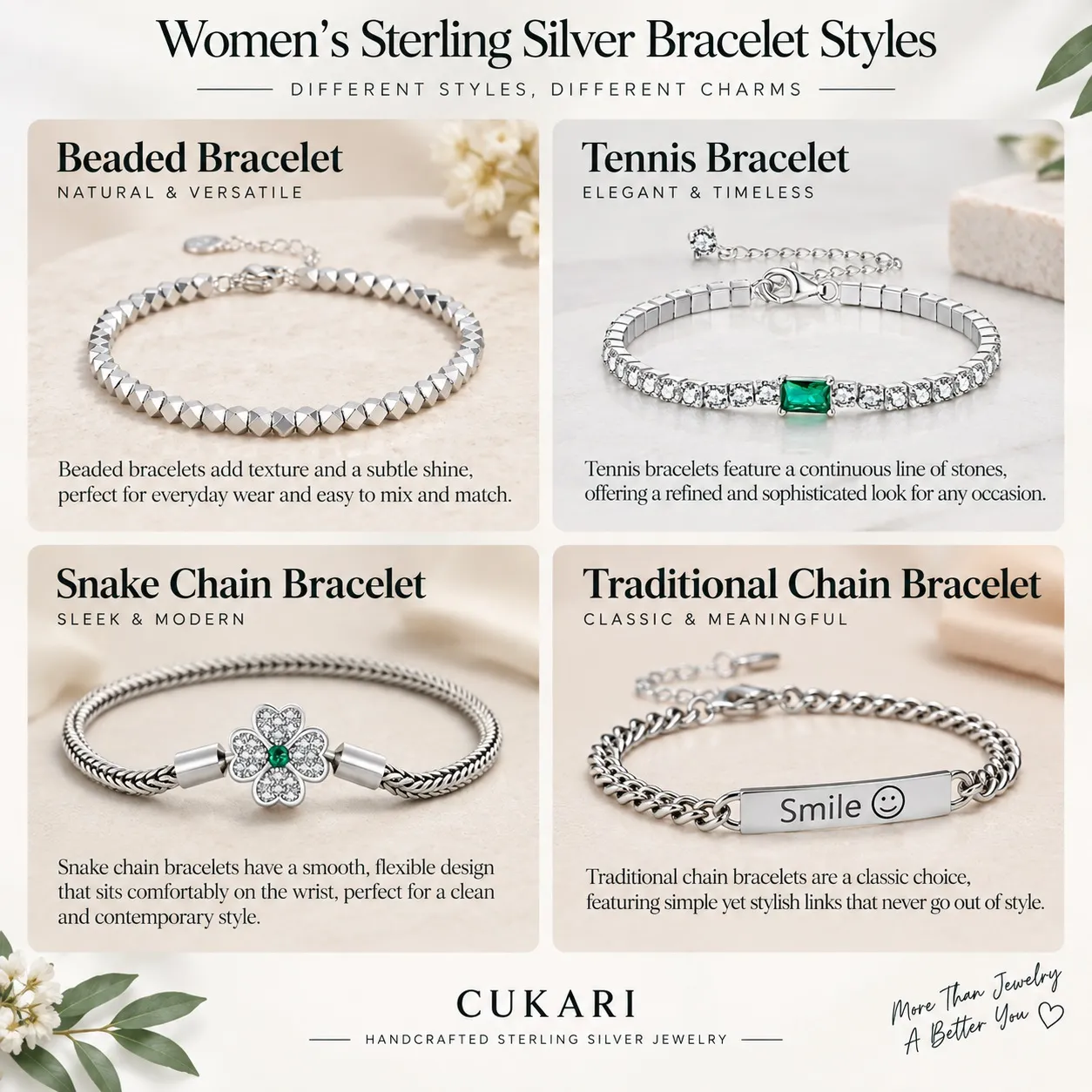 925 Different women's sterling silver bracelet styles including classic, statement, vintage and minimalist designs